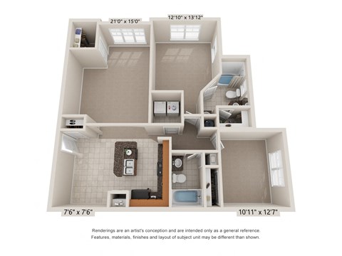 Floor plan for 2 beds, 2 baths, 1277 sqft